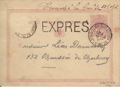 Carte-Correspondance de Félicien Rops à Léon Dommartin. [Bruxelles], 1874/11/24. Bruxelles, Bibliothèque royale de Belgique, II/6655/470/86