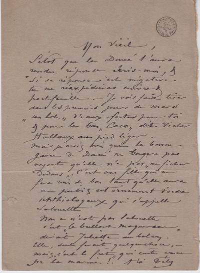 Carte de Félicien Rops à [Léon] [Dommartin]. s.l., 0000/00/00. Bruxelles, Bibliothèque royale de Belgique, II/6655/470/99