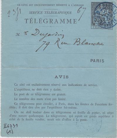 Télégramme de Félicien Rops à [Édouard] Dujardin. [Paris], 1887/01/28. Bruxelles, Bibliothèque royale de Belgique, II/6731/1