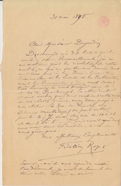 Lettre de Félicien Rops à [Édouard] Dujardin. s.l., 1895/05/31. Bruxelles, Bibliothèque royale de Belgique, II/6731/11