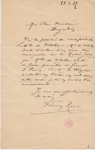 Lettre de Félicien Rops à [Édouard] Dujardin. s.l., 1887/03/28. Bruxelles, Bibliothèque royale de Belgique, II/6731/2