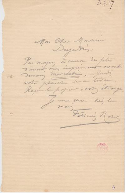 Lettre de Félicien Rops à [Édouard] Dujardin. s.l., 1887/05/31. Bruxelles, Bibliothèque royale de Belgique, II/6731/4