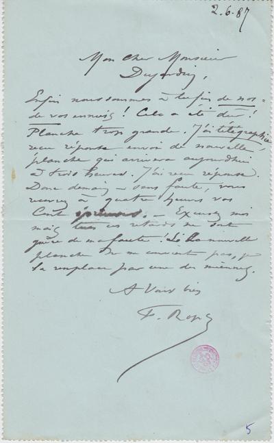 Lettre-enveloppe de Félicien Rops à Édouard Dujardin. s.l., 1887/06/02. Bruxelles, Bibliothèque royale de Belgique, II/6731/5