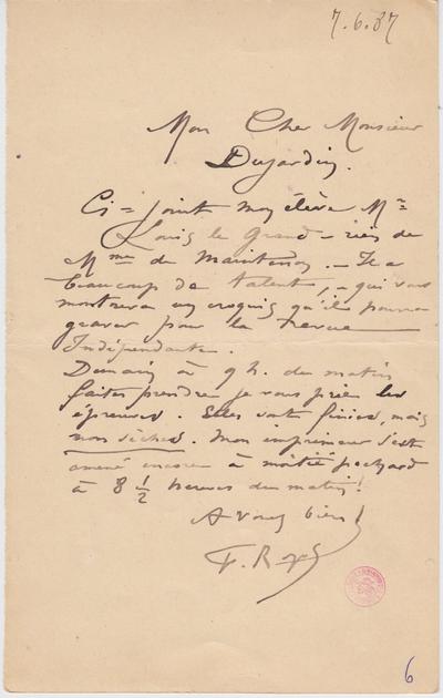 Lettre de Félicien Rops à [Édouard] Dujardin. s.l., 1887/06/07. Bruxelles, Bibliothèque royale de Belgique, II/6731/6