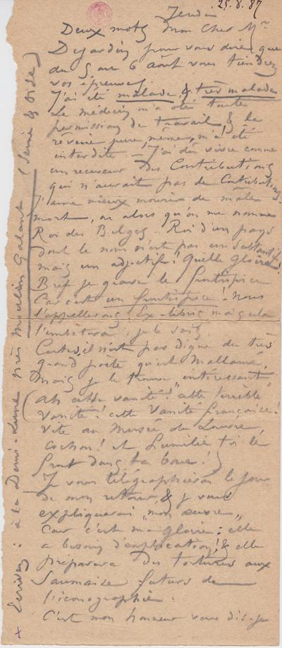 Lettre de Félicien Rops à [Édouard] Dujardin. s.l., 1887/08/25. Bruxelles, Bibliothèque royale de Belgique, II/6731/7