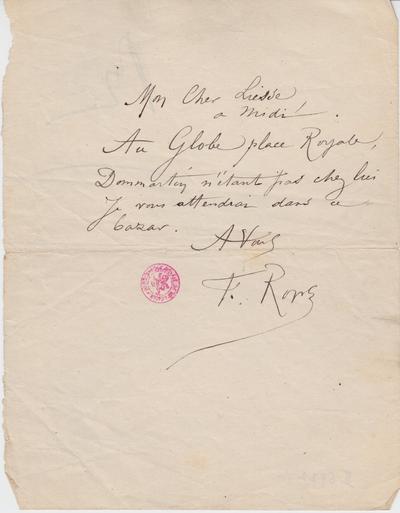 Lettre de Félicien Rops à [Henri] Liesse. s.l., 0000/00/00. Bruxelles, Bibliothèque royale de Belgique, II/6922/1