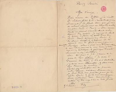 Lettre de Félicien Rops à Inconnu. Paris, 0000/00/00. Bruxelles, Bibliothèque royale de Belgique, II/6922/2