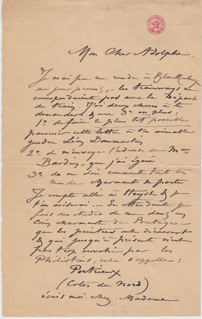 Lettre de Félicien Rops à Adolphe [Popp]. [Portrieux], 0000/00/00. Bruxelles, Bibliothèque royale de Belgique, II/6922/5