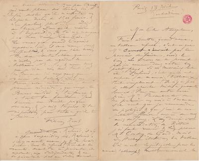 Lettre de Félicien Rops à Adolphe [Popp]. Paris, 1888/04/13. Bruxelles, Bibliothèque royale de Belgique, II/6922/6