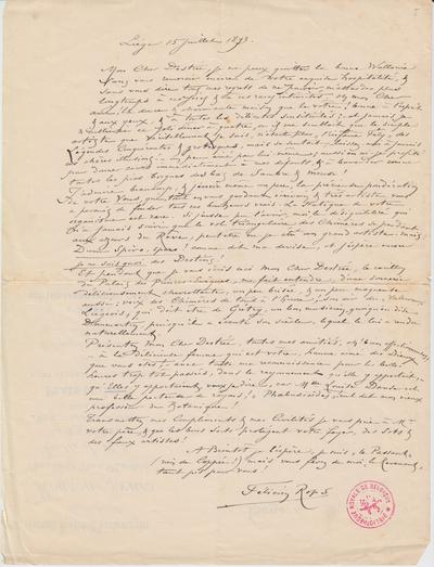 Lettre au verso d'un imprimé de Félicien Rops à [Jules] Destrée. Liège, 1893/07/15. Bruxelles, Bibliothèque royale de Belgique, II/6945/1