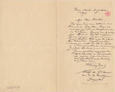 Lettre de Félicien Rops à [Jules] Destrée. Paris, 1894/07/21. Bruxelles, Bibliothèque royale de Belgique, II/6945/4