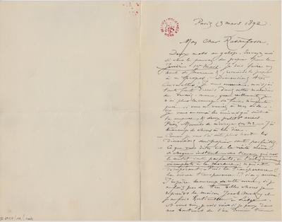 Lettre de Félicien Rops à [Armand] Rassenfosse. Paris, 1892/03/13. Bruxelles, Bibliothèque royale de Belgique, II/6957/19/100