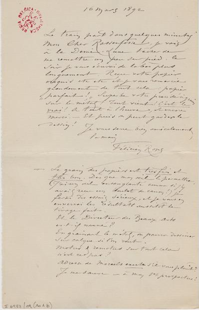 Lettre de Félicien Rops à Armand Rassenfosse. [Paris], 1892/03/16. Bruxelles, Bibliothèque royale de Belgique, II/6957/19/101