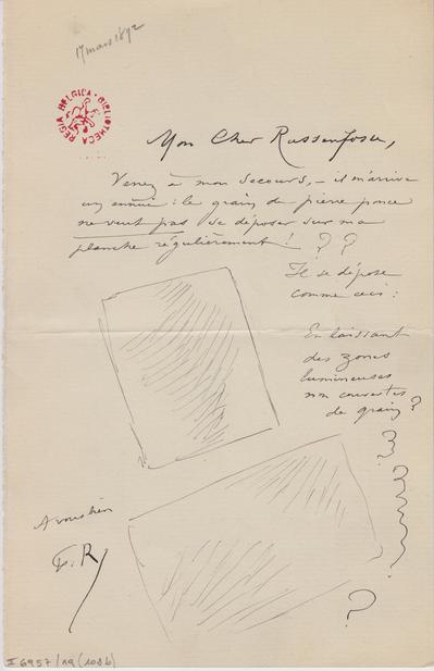 Lettre de Félicien Rops à [Armand] Rassenfosse. Paris, 1892/03/16. Bruxelles, Bibliothèque royale de Belgique, II/6957/19/102