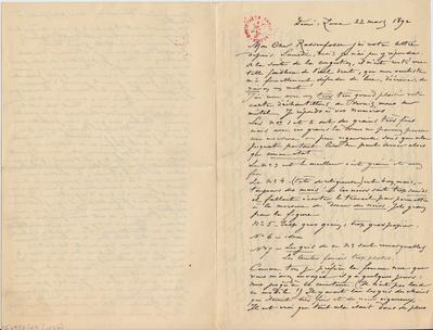 Lettre de Félicien Rops à [Armand] Rassenfosse. Corbeil-Essonnes, 1892/03/22. Bruxelles, Bibliothèque royale de Belgique, II/6957/19/103