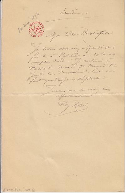 Lettre de Félicien Rops à Armand Rassenfosse. s.l., 1892/05/30. Bruxelles, Bibliothèque royale de Belgique, II/6957/19/108