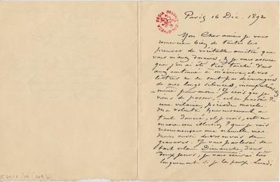 Lettre de Félicien Rops à Armand Rassenfosse. Paris, 1892/12/16. Bruxelles, Bibliothèque royale de Belgique, II/6957/19/109