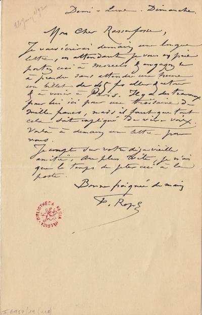 Lettre de Félicien Rops à [Armand] Rassenfosse. Corbeil-Essonnes, 1892/06/26. Bruxelles, Bibliothèque royale de Belgique, II/6957/19/110