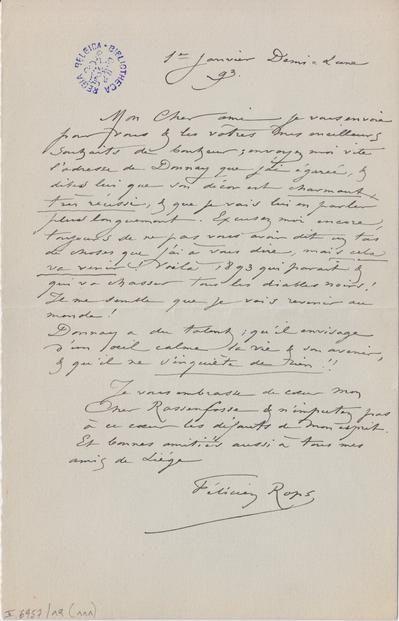 Lettre de Félicien Rops à [Armand] Rassenfosse. Corbeil-Essonnes, 1893/01/01. Bruxelles, Bibliothèque royale de Belgique, II/6957/19/111