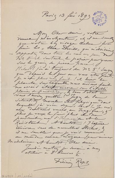 Lettre de Félicien Rops à Armand Rassenfosse. Paris, 1893/02/13. Bruxelles, Bibliothèque royale de Belgique, II/6957/19/112