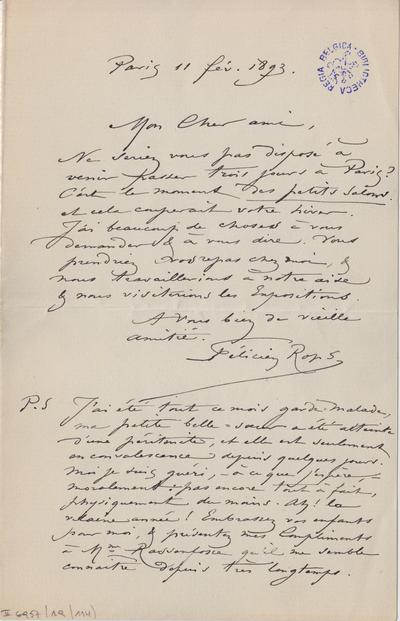 Lettre de Félicien Rops à [Armand] [Rassenfosse]. Paris, 1893/02/11. Bruxelles, Bibliothèque royale de Belgique, II/6957/19/114