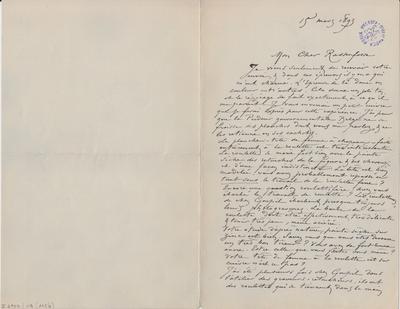 Lettre de Félicien Rops à Armand Rassenfosse. [Paris], 1893/03/15. Bruxelles, Bibliothèque royale de Belgique, II/6957/19/115