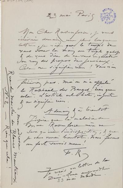 Lettre de Félicien Rops à [Armand] Rassenfosse. Paris, 1893/05/23. Bruxelles, Bibliothèque royale de Belgique, II/6957/19/119