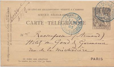 Carte-Télégramme de Félicien Rops à Armand Rassenfosse. Paris, 1893/05/26. Bruxelles, Bibliothèque royale de Belgique, II/6957/19/120