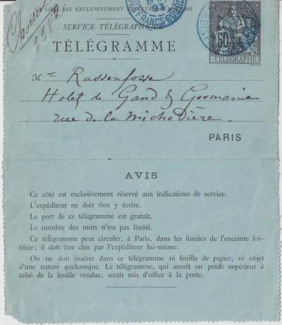 Télégramme de Félicien Rops à [Armand] Rassenfosse. [Paris], 1893/05/27. Bruxelles, Bibliothèque royale de Belgique, II/6957/19/121