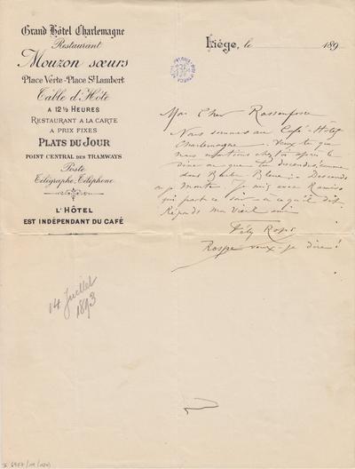 Lettre de Félicien Rops à [Armand] Rassenfosse. Liège, 1893/07/14. Bruxelles, Bibliothèque royale de Belgique, II/6957/19/124