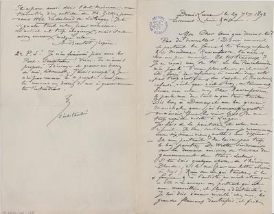 Lettre de Félicien Rops à [Armand] [Rassenfosse]. Corbeil-Essonnes, 1893/09/29. Bruxelles, Bibliothèque royale de Belgique, II/6957/19/128