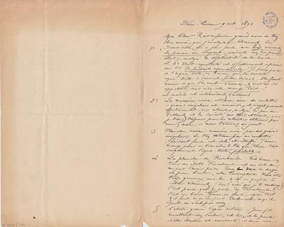 Lettre de Félicien Rops à [Armand] Rassenfosse. Corbeil-Essonnes, 1893/10/09. Bruxelles, Bibliothèque royale de Belgique, II/6957/19/129