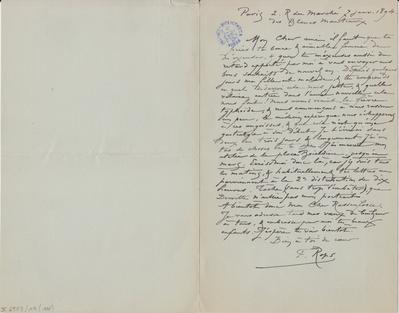 Lettre de Félicien Rops à [Armand] Rassenfosse. Paris, 1894/01/07. Bruxelles, Bibliothèque royale de Belgique, II/6957/19/135