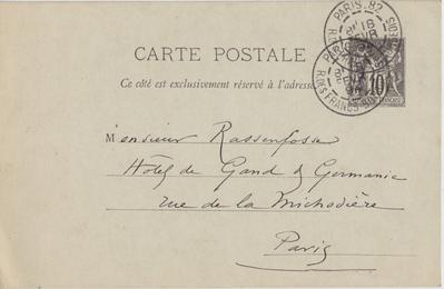 Carte postale de Félicien Rops à [Armand] Rassenfosse. [Paris], 1894/02/18. Bruxelles, Bibliothèque royale de Belgique, II/6957/19/136