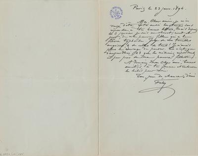 Lettre de Félicien Rops à [Armand] [Rassenfosse]. Paris, 1894/01/23. Bruxelles, Bibliothèque royale de Belgique, II/6957/19/137