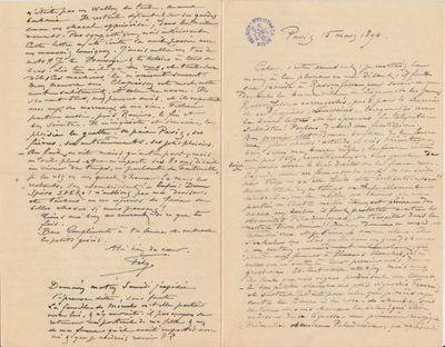 Lettre de Félicien Rops à [Armand] Rassenfosse. Paris, 1894/03/15. Bruxelles, Bibliothèque royale de Belgique, II/6957/19/138