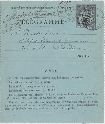 Télégramme de Félicien Rops à [Armand] Rassenfosse. [Paris], 1894/02/20. Bruxelles, Bibliothèque royale de Belgique, II/6957/19/140