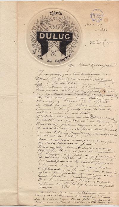 Lettre avec épreuve de Félicien Rops à [Armand] Rassenfosse. Corbeil-Essonnes, 1894/03/31. Bruxelles, Bibliothèque royale de Belgique, II/6957/19/142