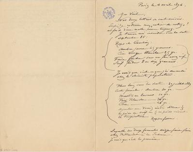 Lettre de Félicien Rops à [Armand] [Rassenfosse]. Paris, 1894/04/04. Bruxelles, Bibliothèque royale de Belgique, II/6957/19/143