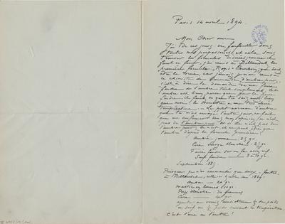 Lettre de Félicien Rops à [Armand] [Rassenfosse]. Paris, 1894/04/14. Bruxelles, Bibliothèque royale de Belgique, II/6957/19/144