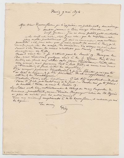 Lettre de Félicien Rops à [Armand] Rassenfosse. Paris, 1894/05/09. Bruxelles, Bibliothèque royale de Belgique, II/6957/19/145