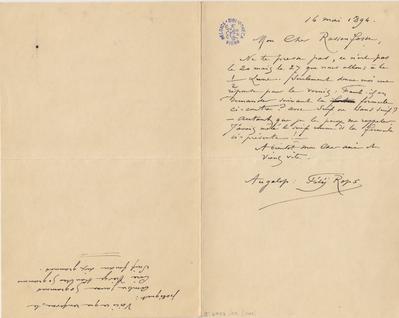 Lettre de Félicien Rops à [Armand] Rassenfosse. Paris, 1894/05/16. Bruxelles, Bibliothèque royale de Belgique, II/6957/19/146