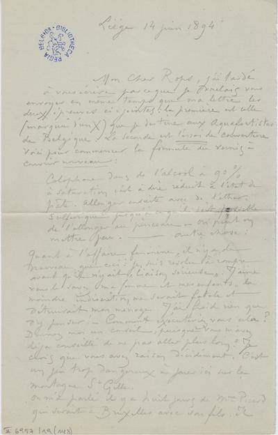 Lettre de [Félicien] Rops à [Armand] [Rassenfosse] à . Liège [s.l.], 1894/06/14. Bruxelles, Bibliothèque royale de Belgique, II/6957/19/148