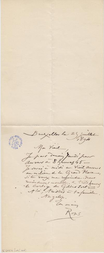 Lettre de Félicien Rops à [Armand] [Rassenfosse]. Bruxelles, 1894/07/25. Bruxelles, Bibliothèque royale de Belgique, II/6957/19/149