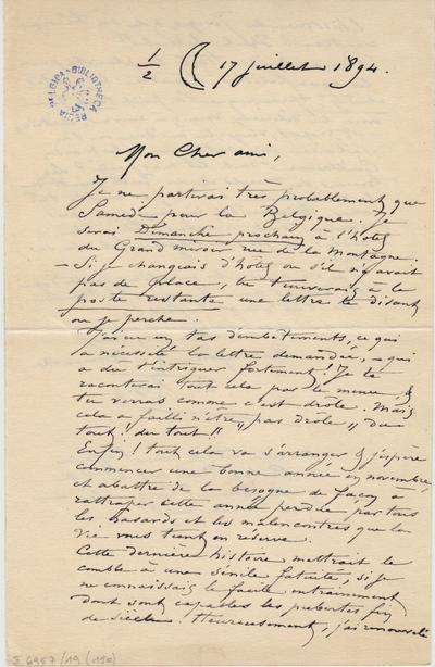 Lettre de Félicien Rops à [Armand] Rassenfosse. Corbeil-Essonnes, 1894/07/17. Bruxelles, Bibliothèque royale de Belgique, II/6957/19/150