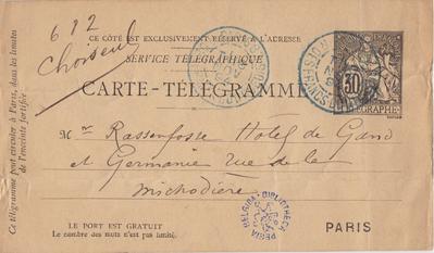 Carte-Télégramme de Félicien Rops à [Armand] Rassenfosse. [Paris], 1894/11/18. Bruxelles, Bibliothèque royale de Belgique, II/6957/19/153