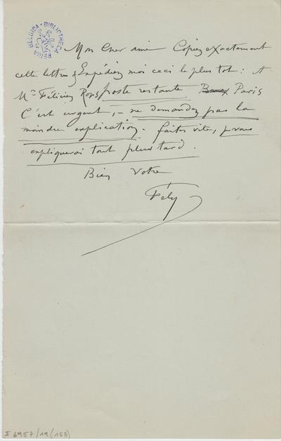 Lettre de Félicien Rops à [Armand] [Rassenfosse]. [Paris], 1894/06/07. Bruxelles, Bibliothèque royale de Belgique, II/6957/19/158