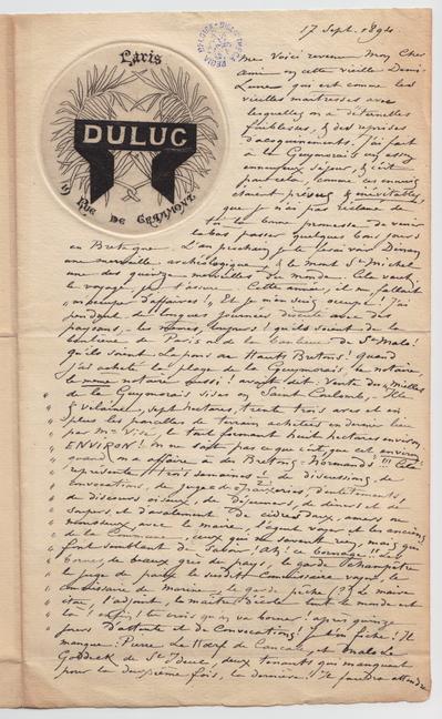 Lettre avec épreuve de Félicien Rops à [Armand] [Rassenfosse]. Corbeil-Essonnes, 1894/09/17. Bruxelles, Bibliothèque royale de Belgique, II/6957/19/160