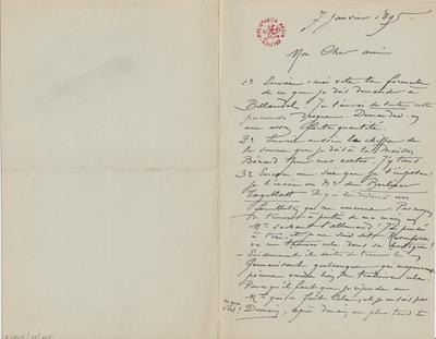 Lettre de Félicien Rops à [Armand] [Rassenfosse]. s.l., 1895/01/07. Bruxelles, Bibliothèque royale de Belgique, II/6957/19/163