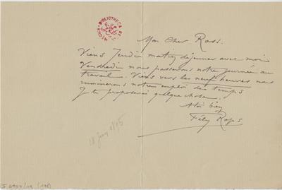 Lettre de Félicien Rops à [Armand] Rassenfosse. s.l., 1895/06/18. Bruxelles, Bibliothèque royale de Belgique, II/6957/19/172